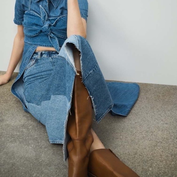 Zara Dresses & Skirts - ZARA ZW Premium The 90’s Patchwork Denim Midi Modest Raw Hem Blue Skirt Sz L NWT